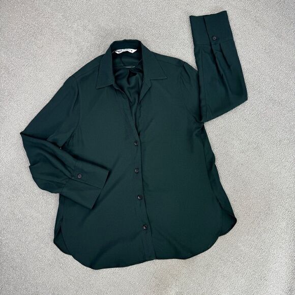 Zara V Neck Button Front Shirt Blouse Dark Green Small Long Sleeve - Picture 11 of 11
